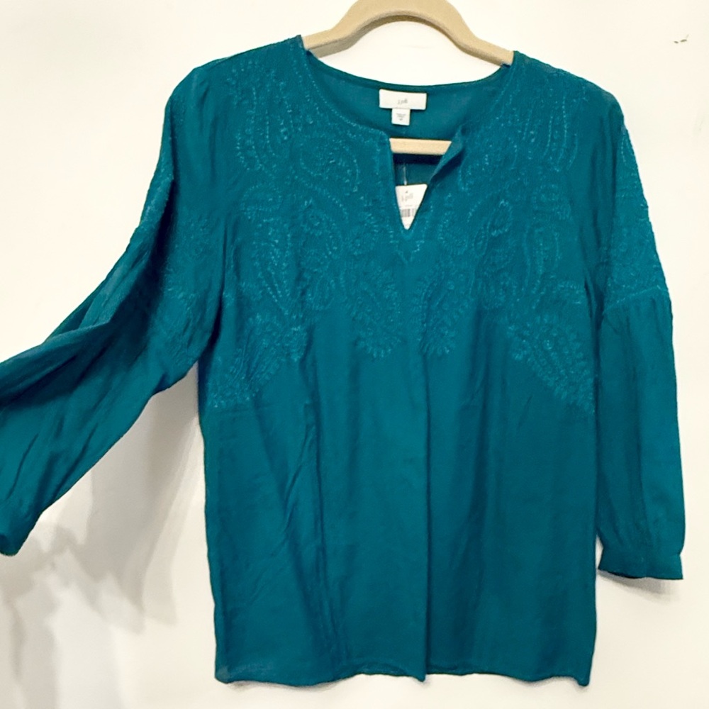 J. Jill women’s XS shirt blue-green top blouse embroidery loose NEW w tags